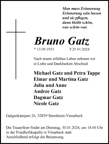 Traueranzeige von Bruno Gatz von Westfalen Blatt