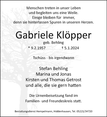 Traueranzeige von Gabriele Klöpper von Westfalen Blatt