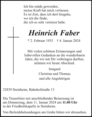 Traueranzeige von Heinrich Faber von Westfalen Blatt