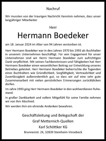 Traueranzeige von Hermann Boedeker von Westfalen Blatt