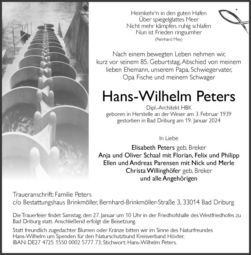  Traueranzeige für Hans-Wilhelm Peters vom 24.01.2024 aus Westfalen Blatt