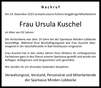 Traueranzeige von Ursula Kuschel von Westfalen Blatt