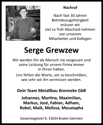 Traueranzeige von Serge Grewzew von Westfalen Blatt