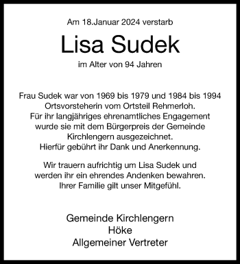 Traueranzeige von Lisa Sudek von Westfalen Blatt