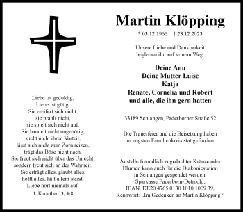 Traueranzeige von Martin Klöpping von Westfalen Blatt