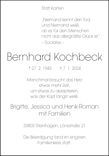 Traueranzeige von Bernhard Kochbeck von Westfalen Blatt