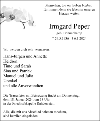 Traueranzeige von Irmgard Peper von Westfalen Blatt