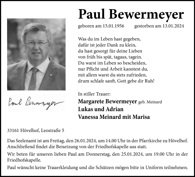  Traueranzeige für Paul Bewermeyer vom 20.01.2024 aus Westfalen Blatt