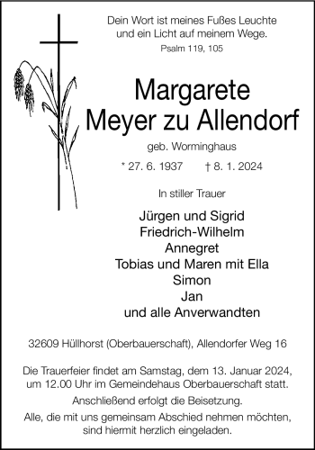 Traueranzeige von Margarete Meyer zu Allendorf von Westfalen Blatt