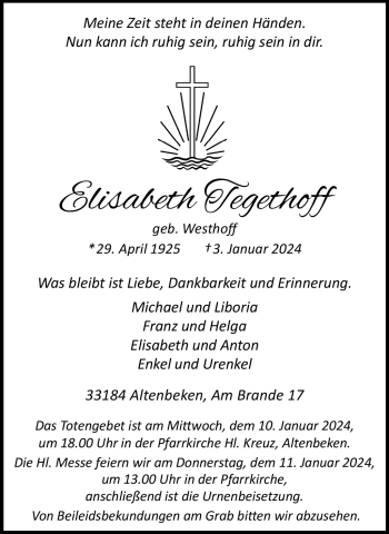 Traueranzeige von Elisabeth Tegethoff von Westfalen Blatt