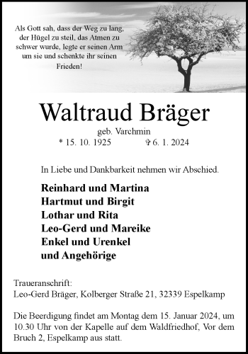 Traueranzeige von Waltraud Bräger von Westfalen Blatt