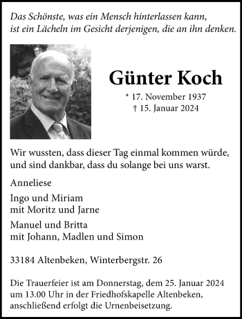 Traueranzeige von Günter Koch von Westfalen Blatt