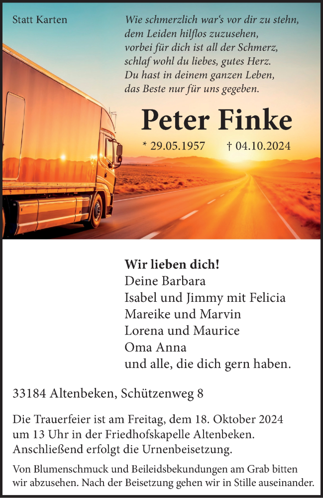  Traueranzeige für Peter Finke vom 12.10.2024 aus Westfalen Blatt