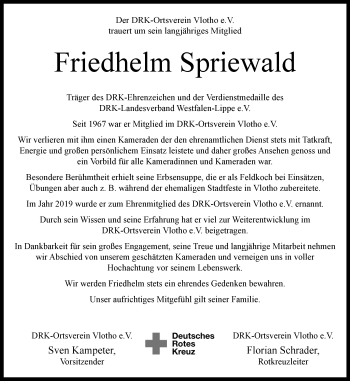 Traueranzeige von Friedhelm Spriewald von Westfalen Blatt