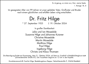 Traueranzeige von Dr. Fritz Hilge von Westfalen Blatt