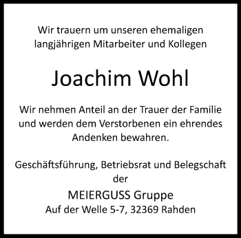 Traueranzeige von Joachim Wohl von Westfalen Blatt