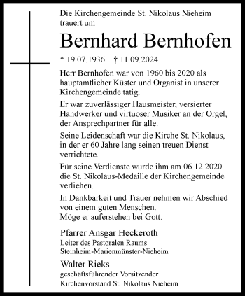 Traueranzeige von Bernhard Bernhofen von Westfalen Blatt