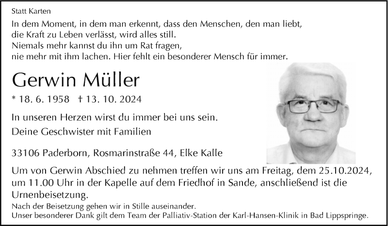  Traueranzeige für Gerwin Müller vom 19.10.2024 aus Westfalen Blatt