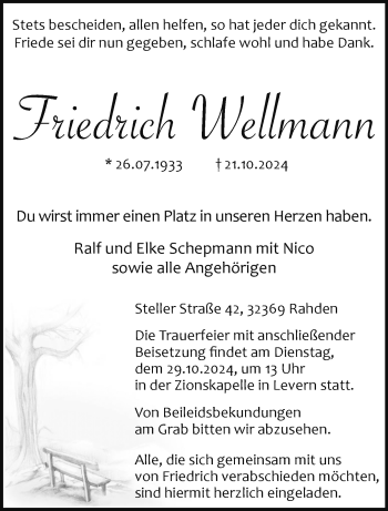 Traueranzeige von Friedrich Wellmann von Westfalen Blatt