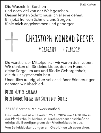 Traueranzeige von Christoph Konrad Decker von Westfalen Blatt