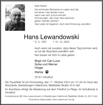 Traueranzeige von Hans Lewandowski von Westfalen Blatt