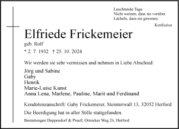 Traueranzeige von Elfriede Frickemeier von Westfalen Blatt