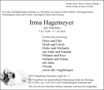 Traueranzeige von Irma Hagemeyer von Westfalen Blatt