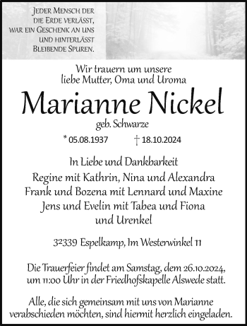 Traueranzeige von Marianne Nickel von Westfalen Blatt