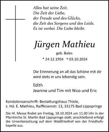 Traueranzeige von Jürgen Mathieu von Westfalen Blatt