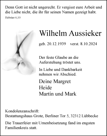 Traueranzeige von Wilhelm Aussieker von Westfalen Blatt