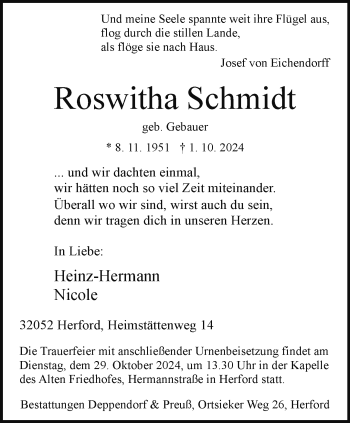 Traueranzeige von Roswitha Schmidt von Westfalen Blatt