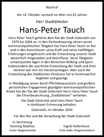 Traueranzeige von Hans-Peter Tauch von Westfalen Blatt