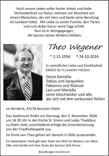 Traueranzeige von Theo Wegener von Westfalen Blatt