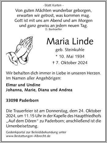 Traueranzeige von Maria Linde von Westfalen Blatt