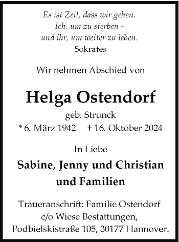 Traueranzeige von Helga Ostendorf von Westfalen Blatt