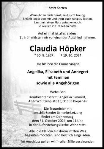 Traueranzeige von Claudia Höpker von Westfalen Blatt