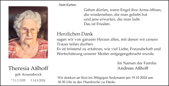 Traueranzeige von Theresia Ahoff von Westfalen Blatt