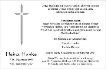 Traueranzeige von Heinz Hunke von Westfalen Blatt