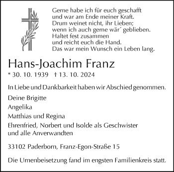 Traueranzeige von Hans-Joachim Franz von Westfalen Blatt