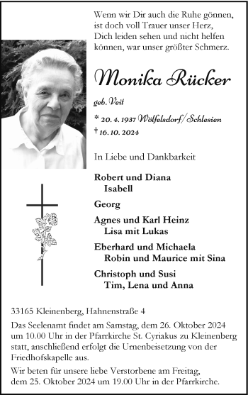 Traueranzeige von Monika Rücker von Westfalen Blatt