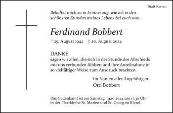 Traueranzeige von Ferdinand Bobbert von Westfalen Blatt