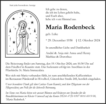 Traueranzeige von Maria Rodenbeck von Westfalen Blatt