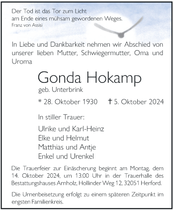 Traueranzeige von Gonda Hokamp von Westfalen Blatt