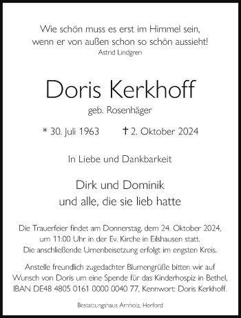 Traueranzeige von Doris Kerkhoff von Westfalen Blatt