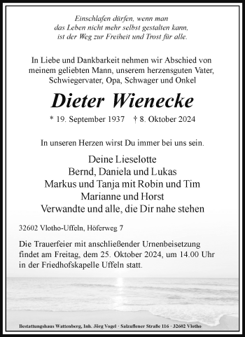 Traueranzeige von Dieter Wienecke von Westfalen Blatt