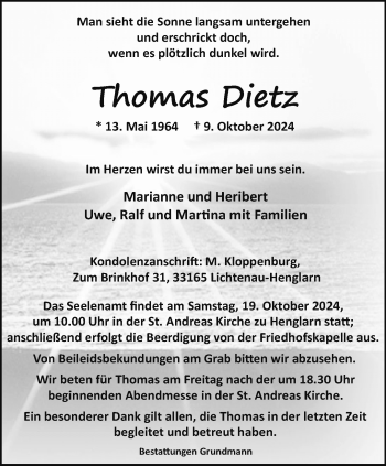 Traueranzeige von Thomas Dietz von Westfalen Blatt