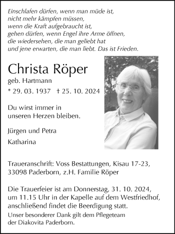 Traueranzeige von Christa Röper von Westfalen Blatt