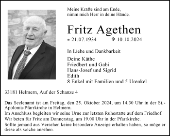 Traueranzeige von Fritz Agethen von Westfalen Blatt