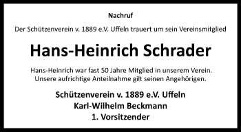 Traueranzeige von Hans-Heinrich Schrader von Westfalen Blatt