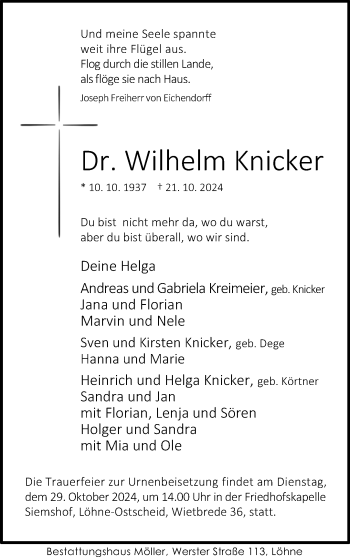 Traueranzeige von Wilhelm Dr. Knicker von Westfalen Blatt